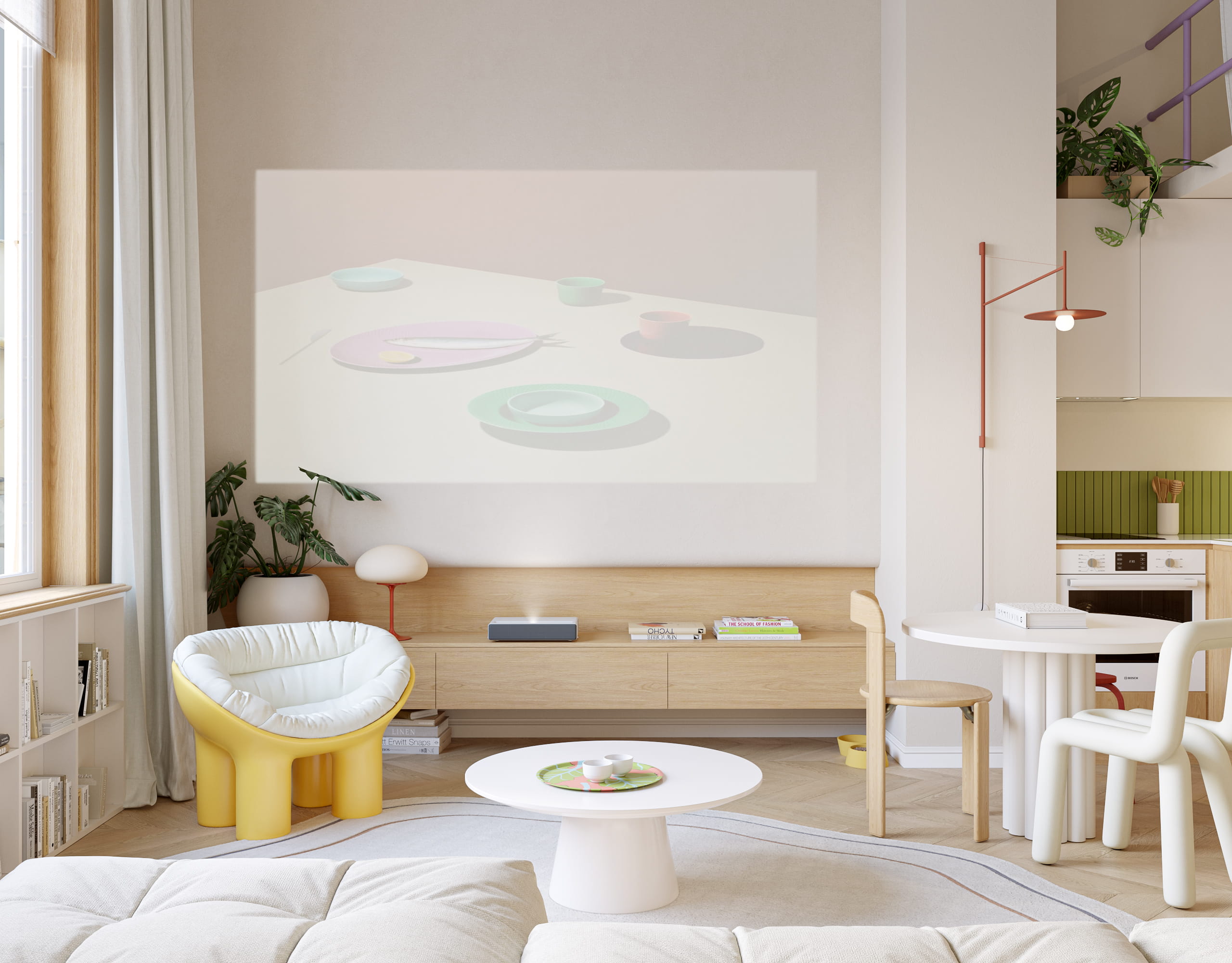 Rent Apartment – living room with projector screen, custom cabinetry and dining area