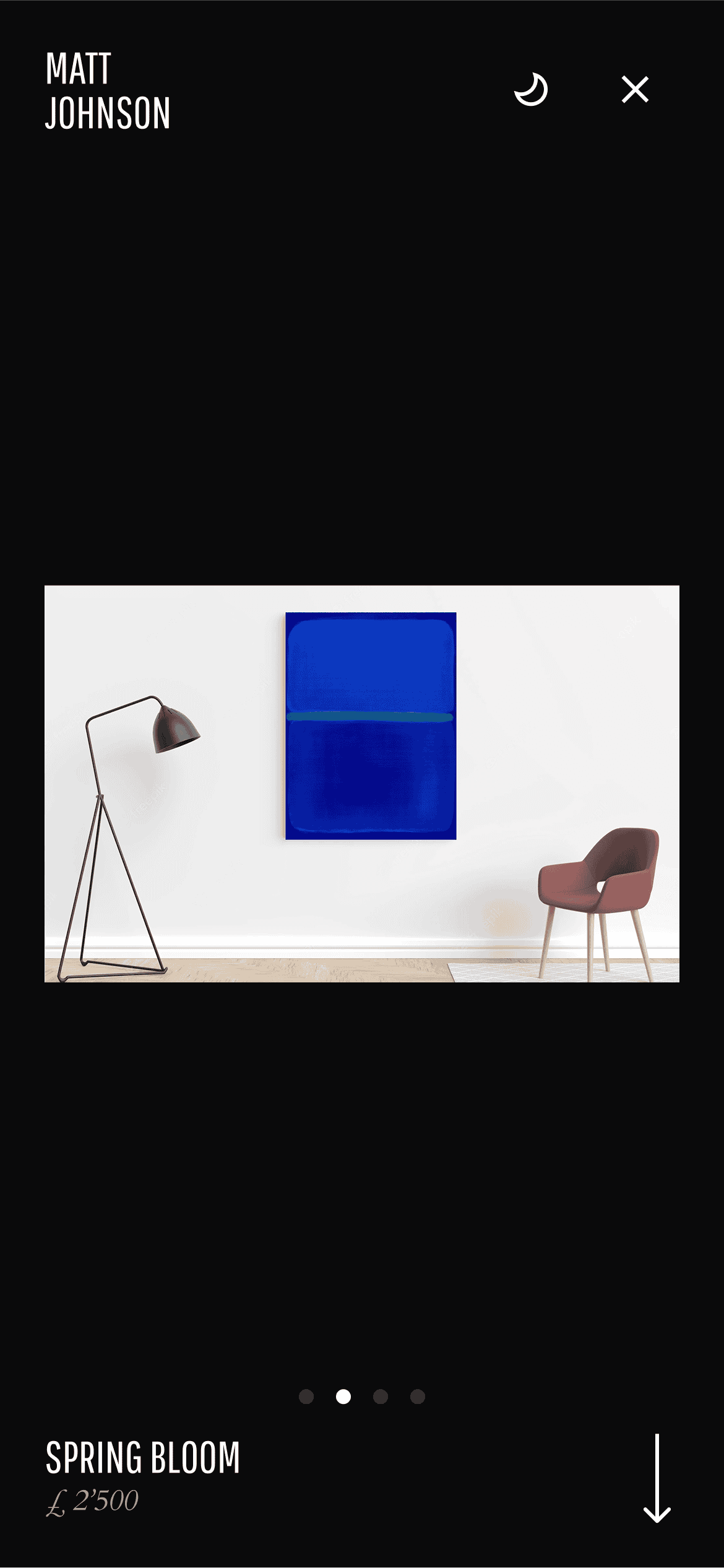 Artwork in interior preview with painting on white wall and minimal furniture