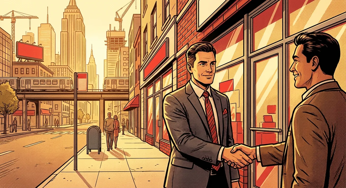Two men in suits shaking hands outside, symbolizing RockN' Socials Digital Marketing Agency.