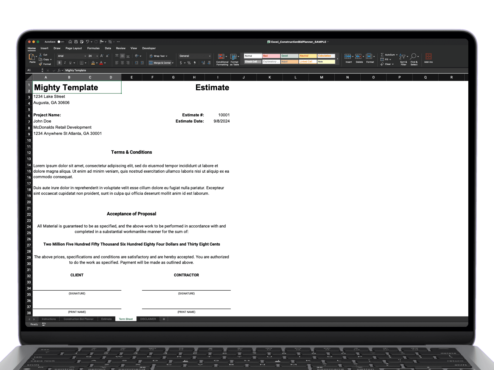 Construction bid term sheet in Excel featuring terms, acceptance of proposal, and client and contractor signature lines.