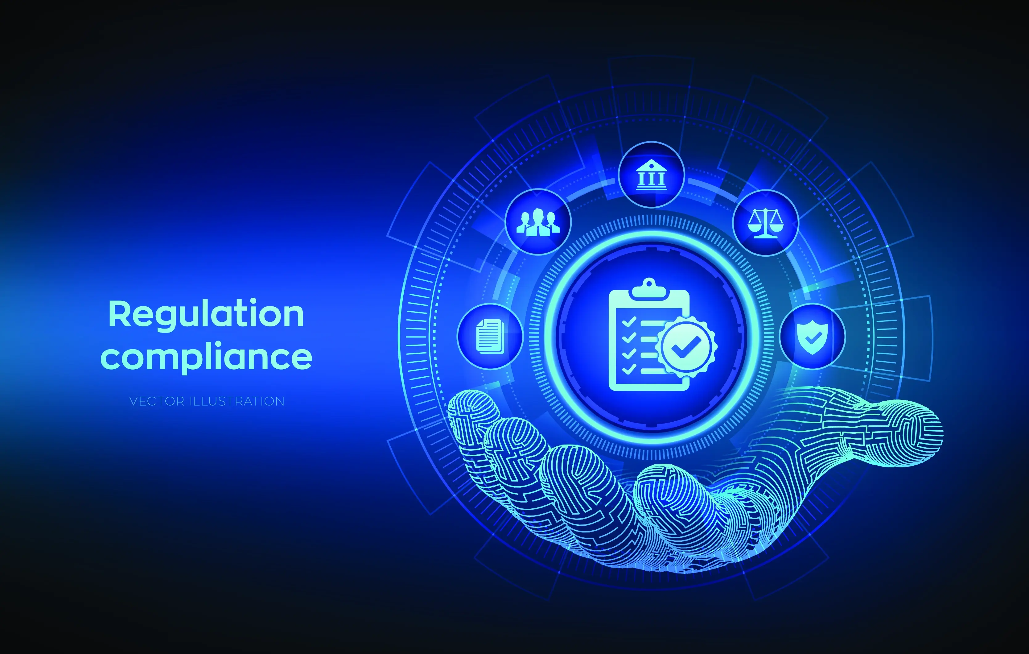 regulation compliance Occupational Health and Safety  blue glowing circular diagram  main check list icon with 5 around the top half and a large digital hand holding it