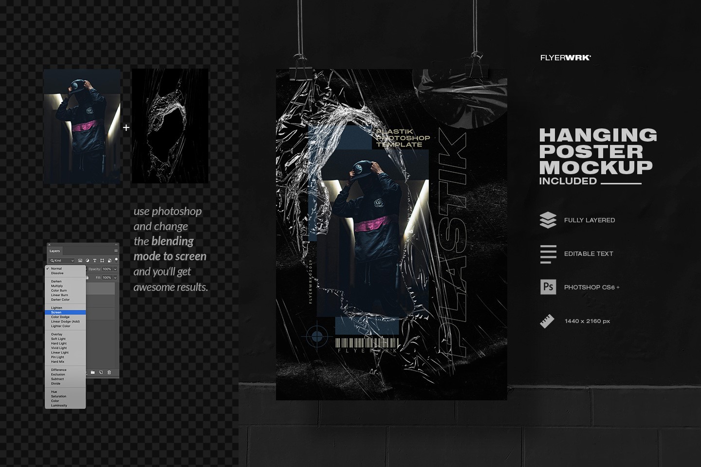 Plastic wrap textures featuring a hanging poster mockup with realistic wrinkled film overlays and screen blending