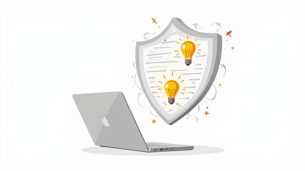 A person at a desk reviewing notes from a Zoom meeting on their laptop.