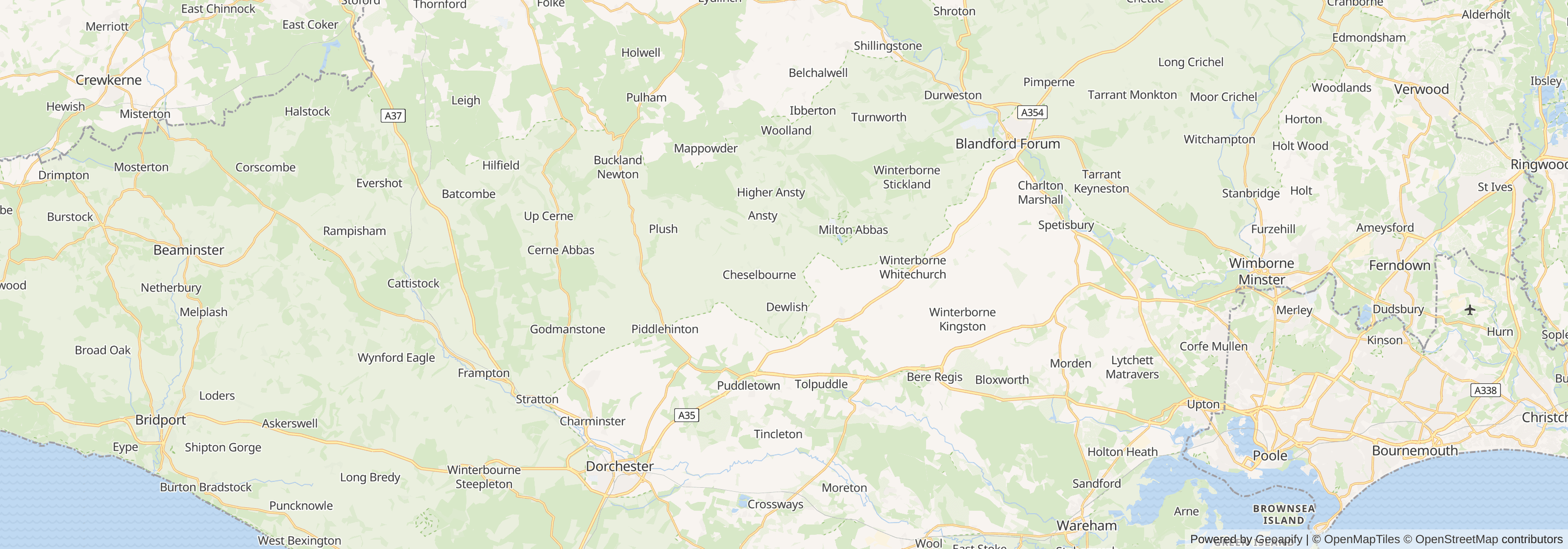 Map of Dorset showing main towns, roads and surrounding areas