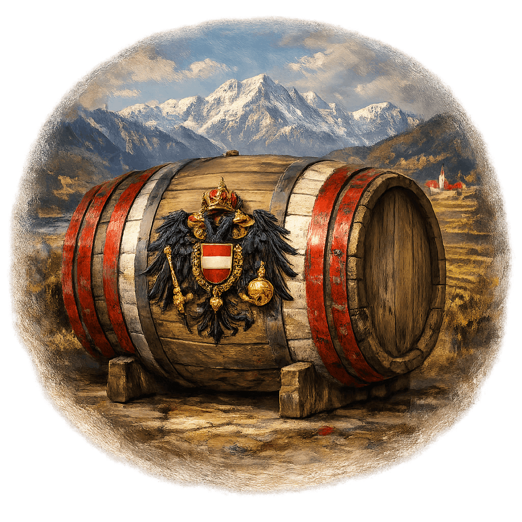Wine barrel featuring the Austria national emblem for regional wine education.