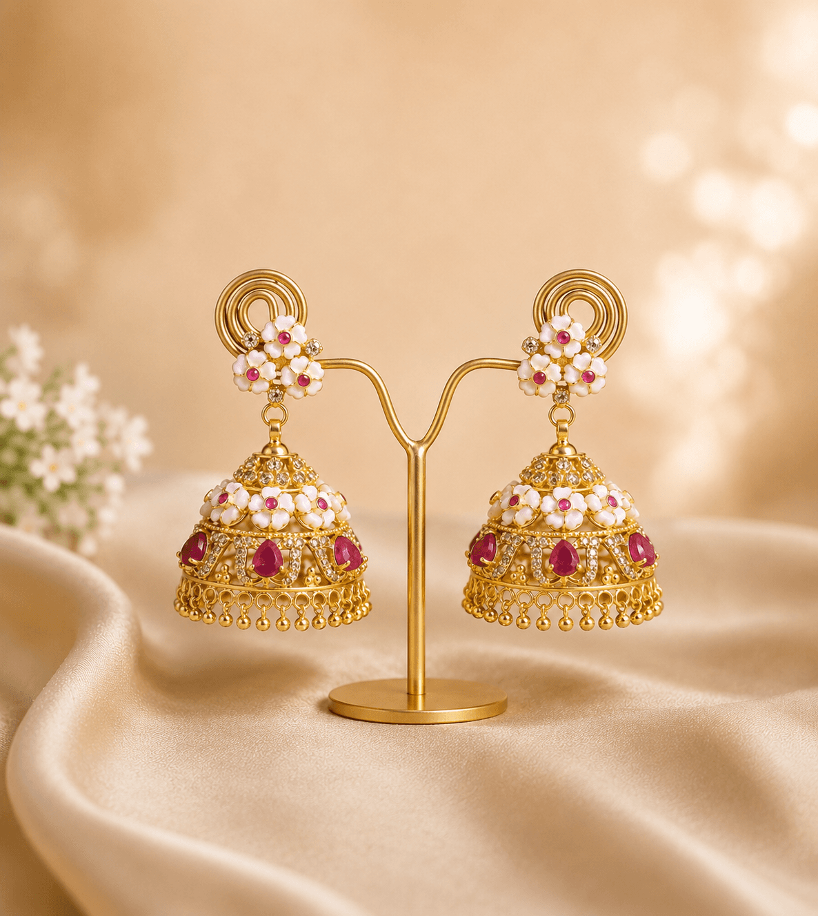 Gold jhumka earrings with white enamel and ruby accents, displayed on a gold stand against a soft, beige, satin background.