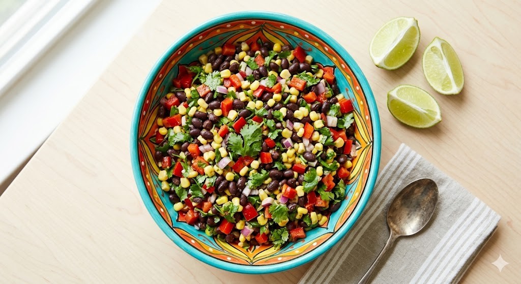 An overhead view of a colorful Mexican black bean and corn salad in a decorative teal bowl, served with fresh lime wedges and a spoon on a light wood table.