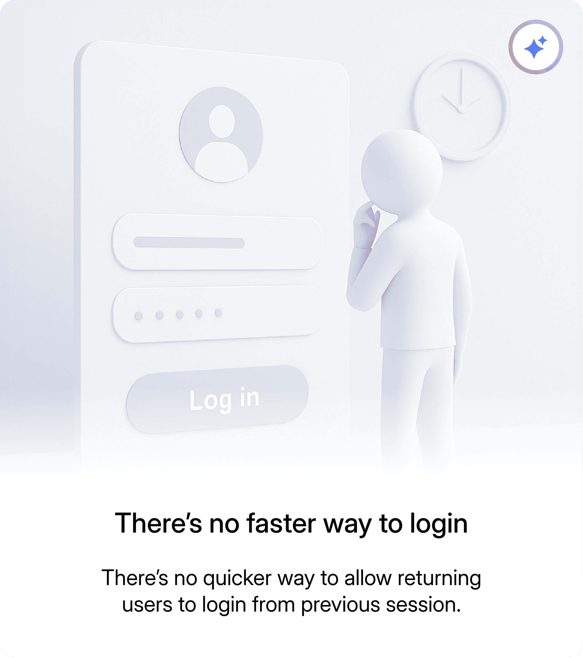 3D figure standing and thinking in front of a login screen with username and password fields and a Log in button, with a wall clock in the background.