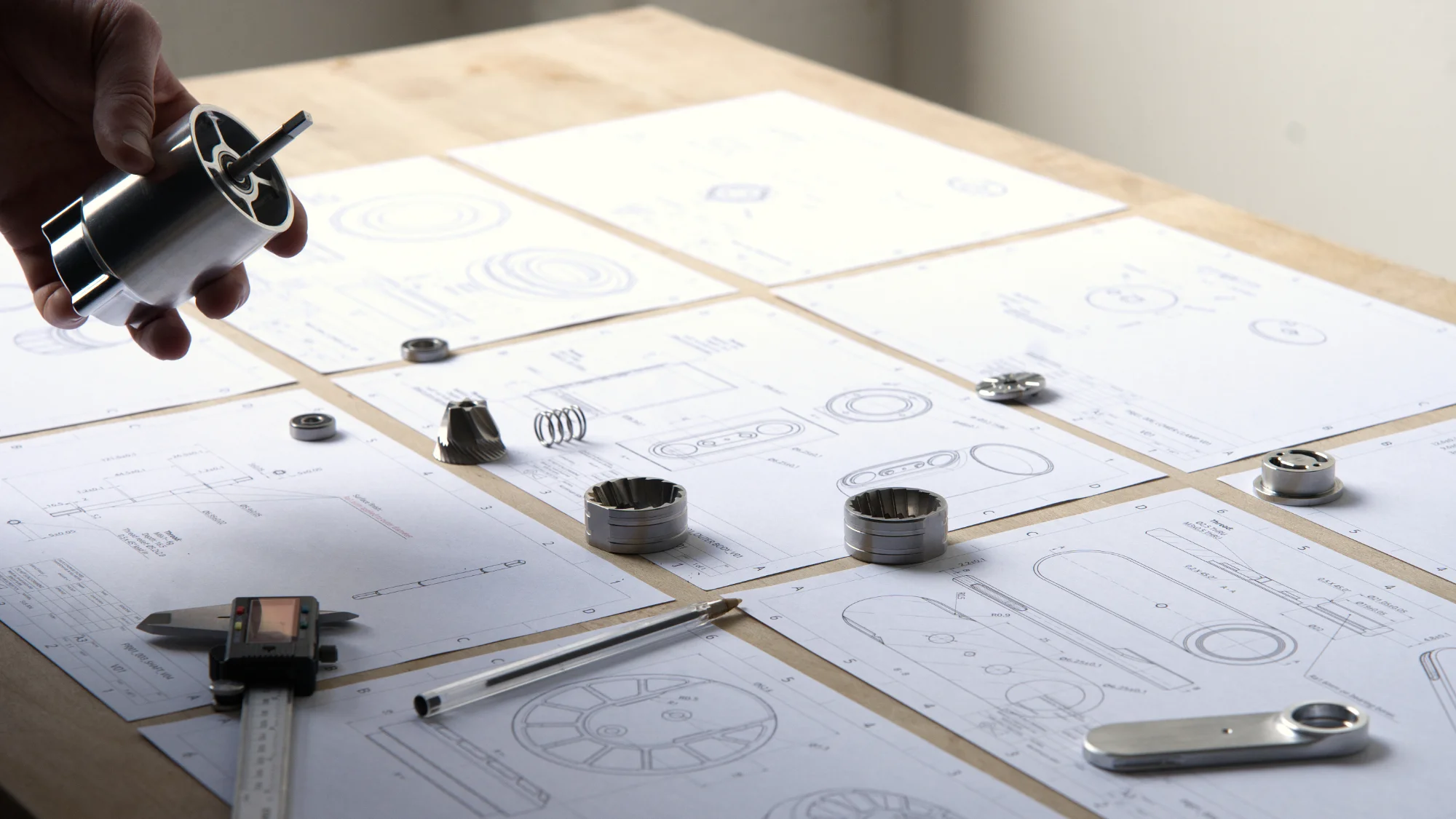 Technical 2D engineering drawing of a coffee grinder concept showing dimensions, tolerances, and manufacturing information for CNC machining.