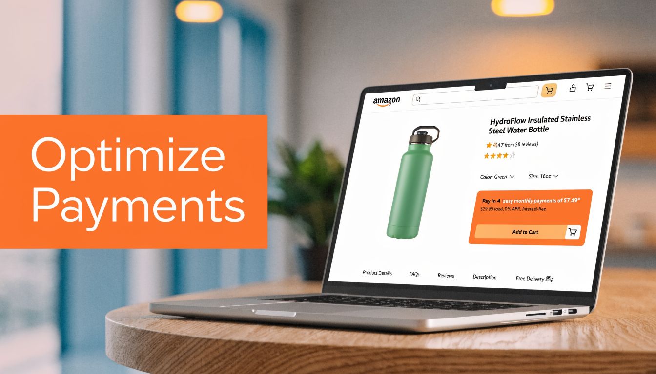 A laptop screen displaying an Amazon product page for an insulated water bottle with flexible payment options.