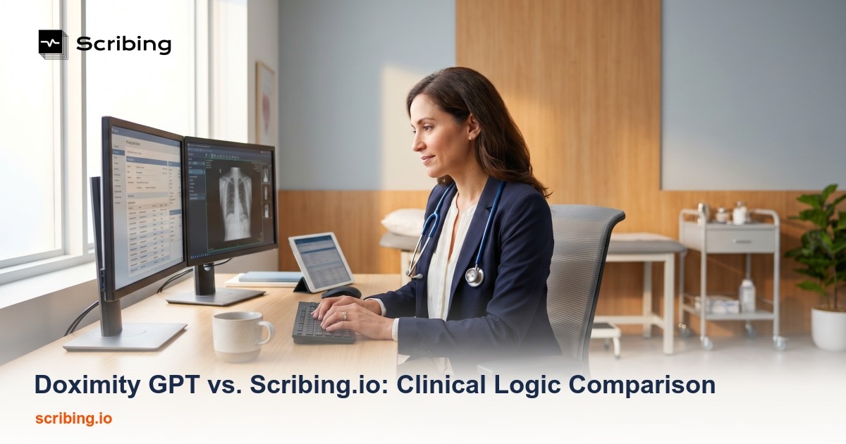 Side-by-side comparison of AI clinical documentation tools for physicians evaluating Doximity GPT and Scribing.io
