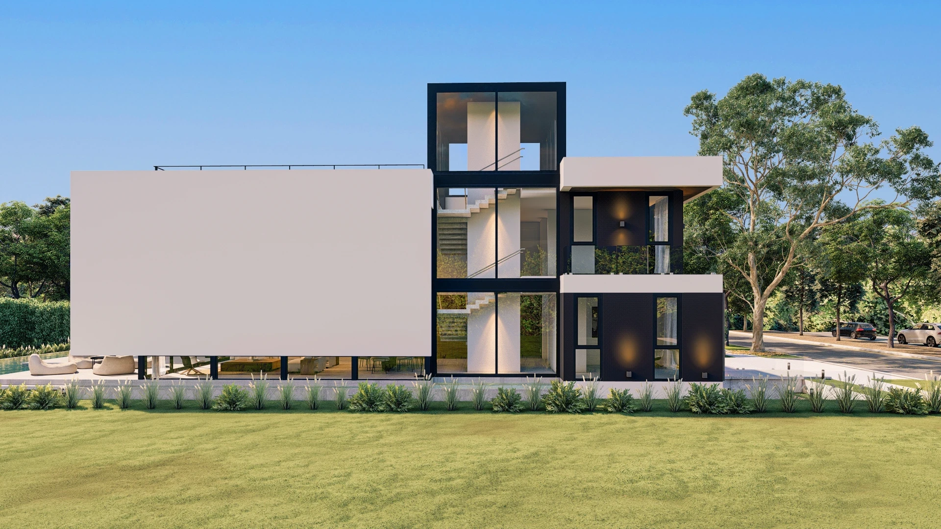 Three-story modern residence with black and white facade and rooftop observatory, SW 24th Road Miami