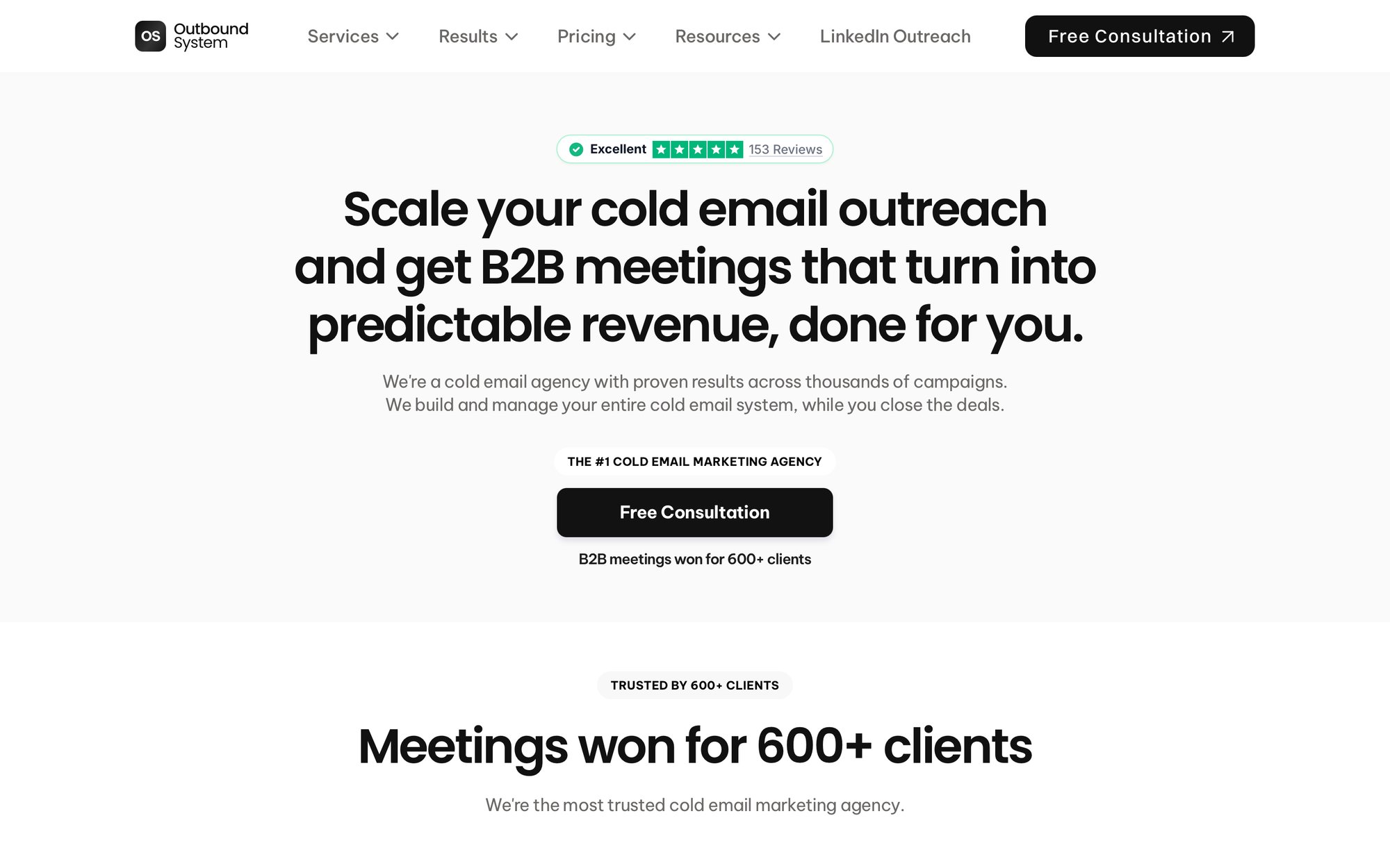 Website hero section for Outbound System, a cold email agency, featuring calls to action and client testimonials.