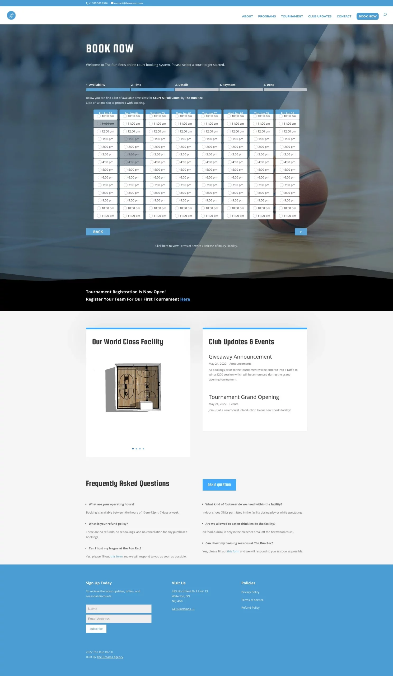 book now 2 page for therunrec website developed & designed by Dreams Agency Mississauga, Ontario