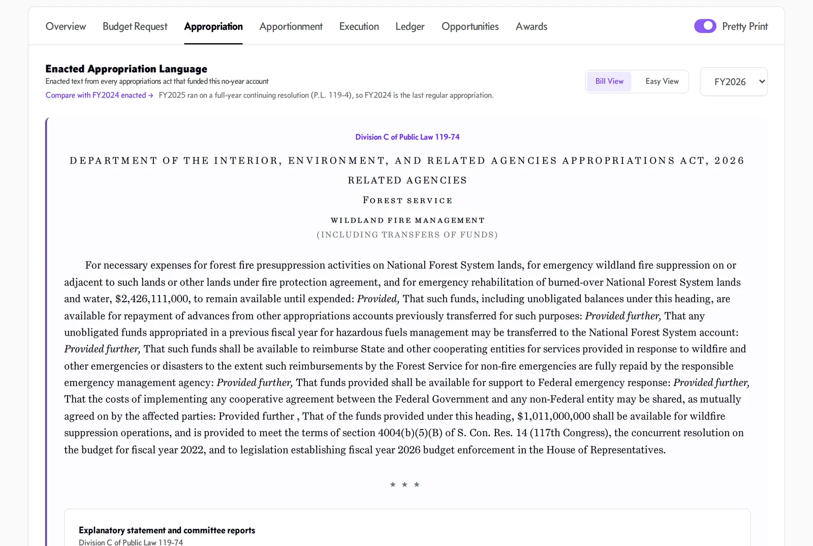 Appropriation tab: the enacted appropriation language for Wildland Fire Management, Division C of Public Law 119-74.