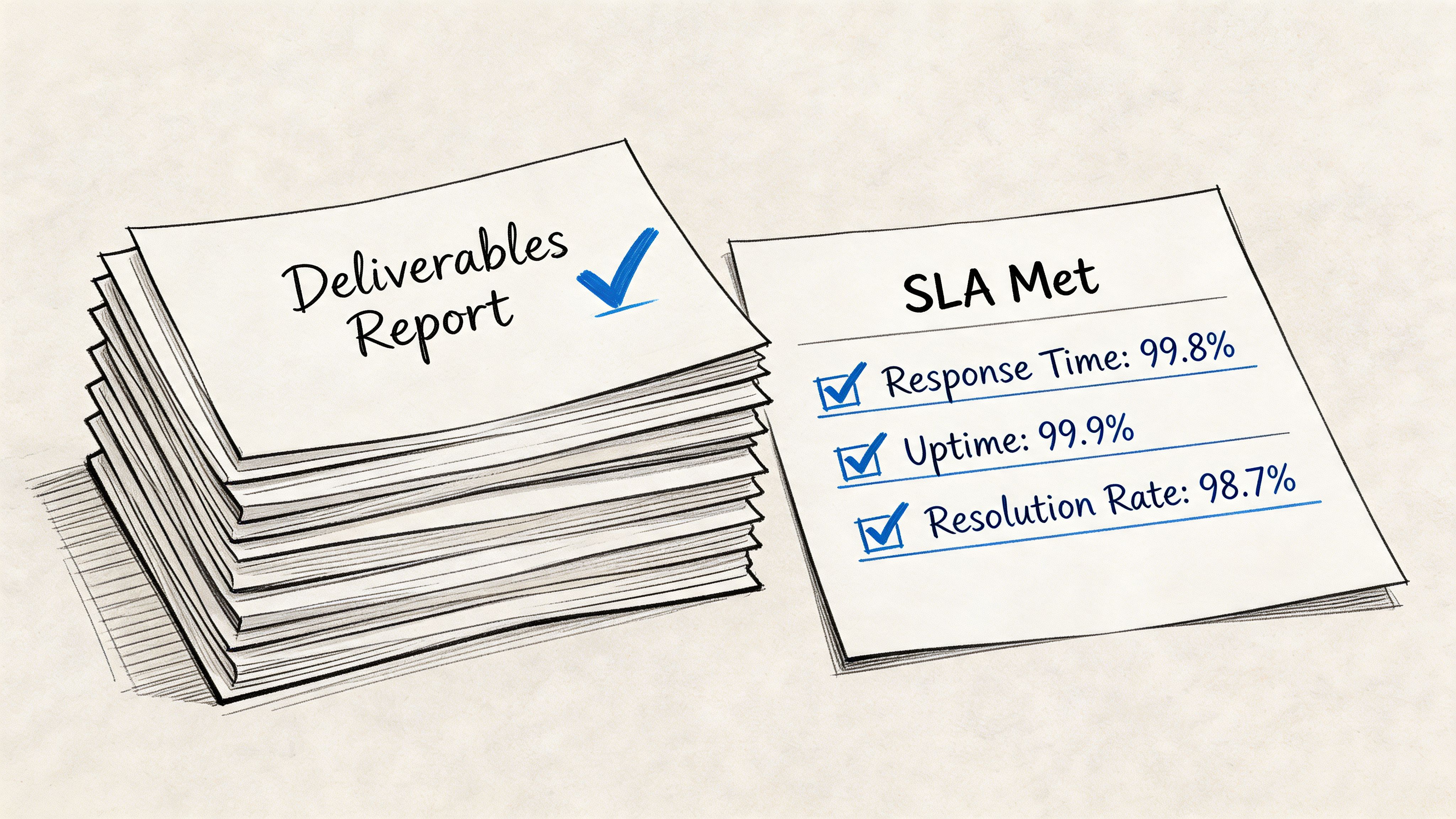 A stack of papers titled Deliverables Report and a checklist showing SLA metrics with successful checkmarks.