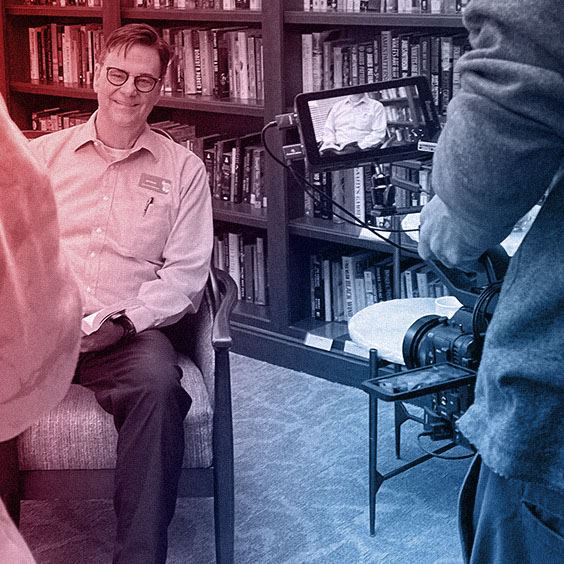 WTADS library interview with red blue gradient overlay.