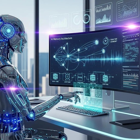 AI agent interacting with digital memory interface in a futuristic workspace