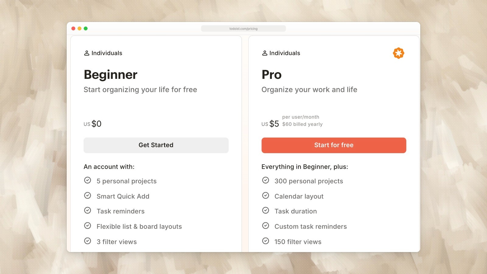 Todoist individual plans: Beginner is free and Pro is shown at US$60 billed yearly.