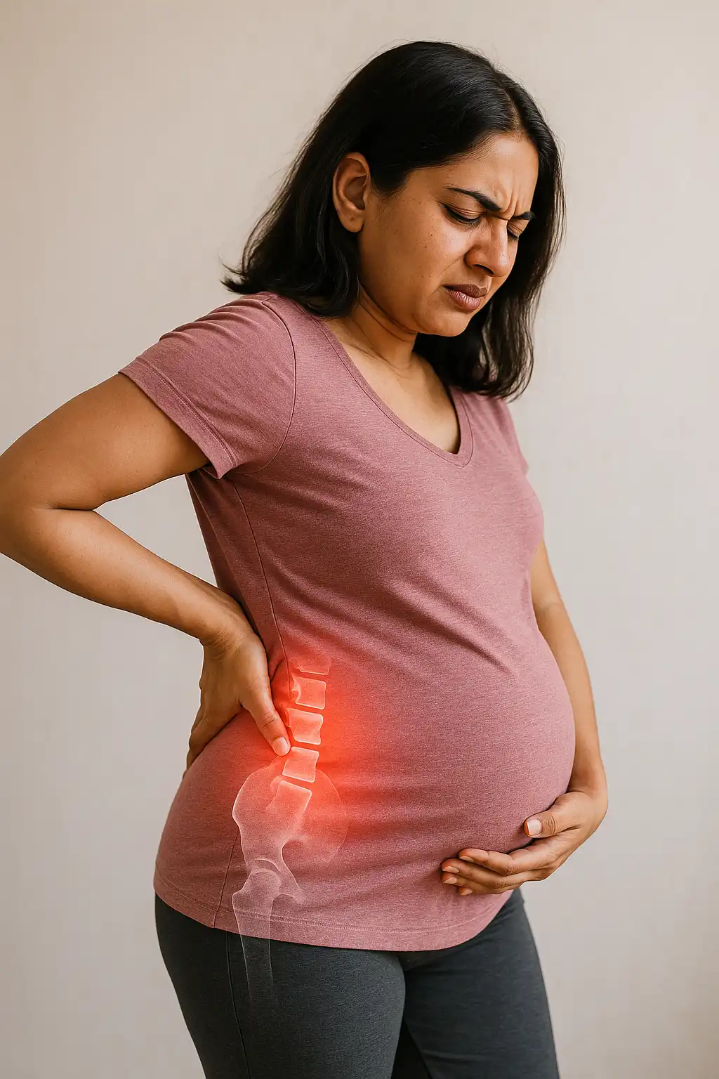Pregnant woman experiencing lower-back pain with highlighted lumbar spine discomfort.