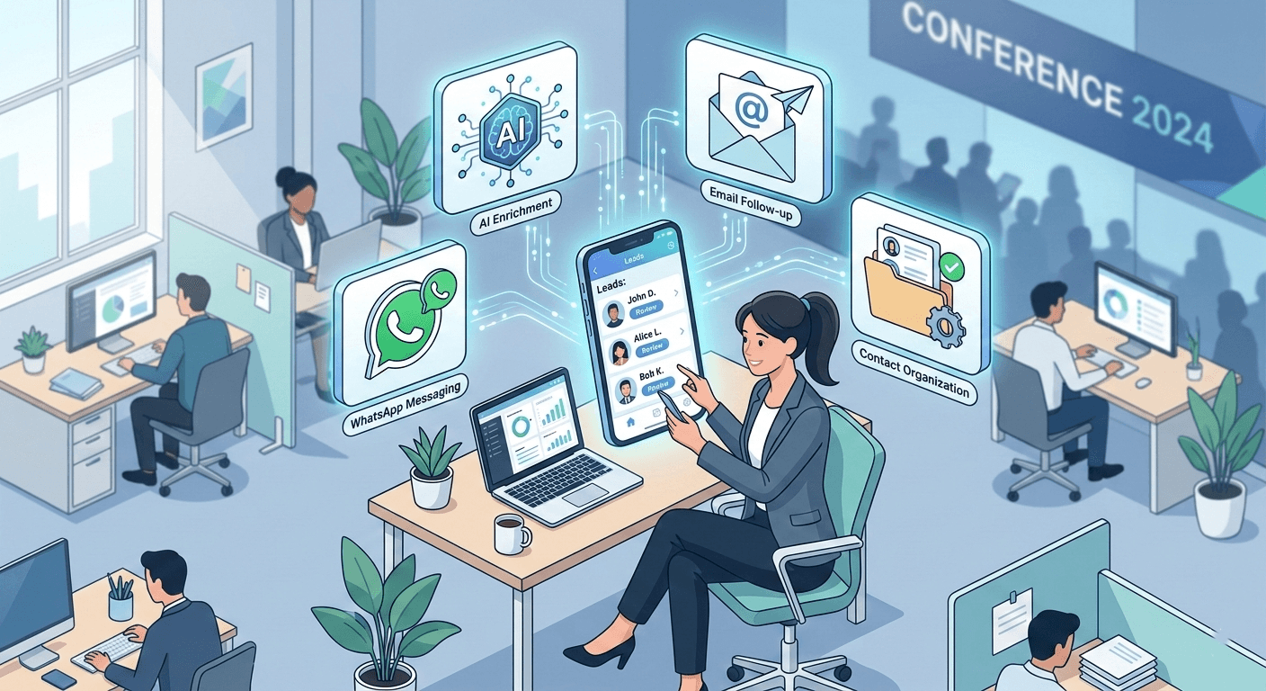 Professionals using a mobile lead capture app to scan business cards and QR badges during a trade show networking event.