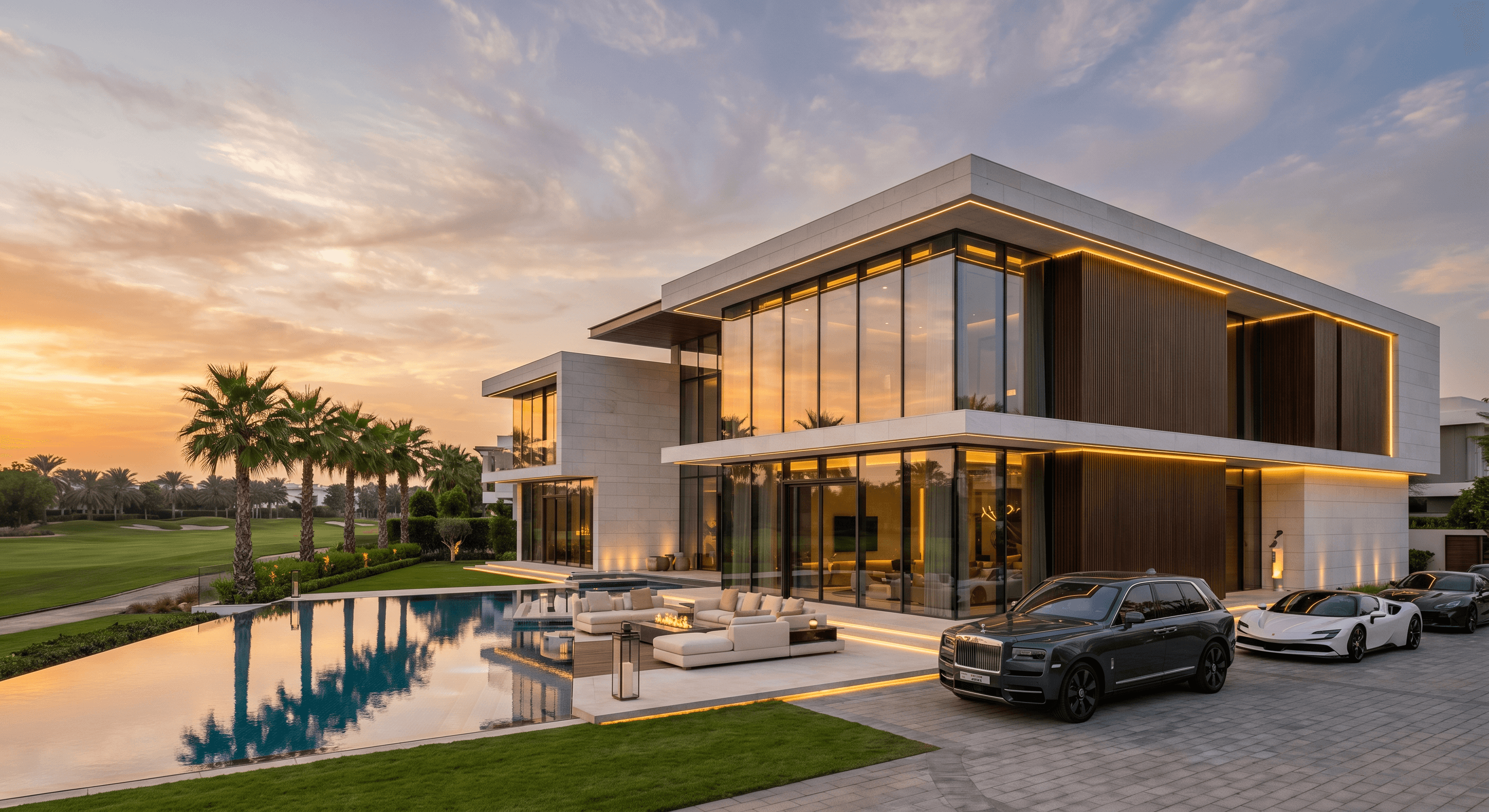 A modern villa with a sleek glass facade overlooks an infinity pool at sunset. Palm trees line the edge, with a distant city skyline aglow.