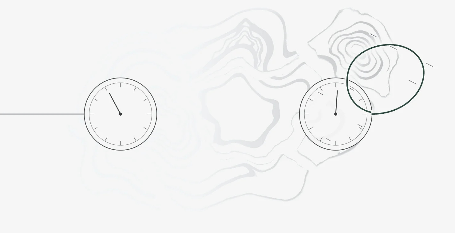 Diagram: two dial faces on paper. The left one is fixed to a straight reference line coming in from the edge. The right one sits in a field of floated grey ink that thickens toward it, and a dark green loop swings out of it into the field.