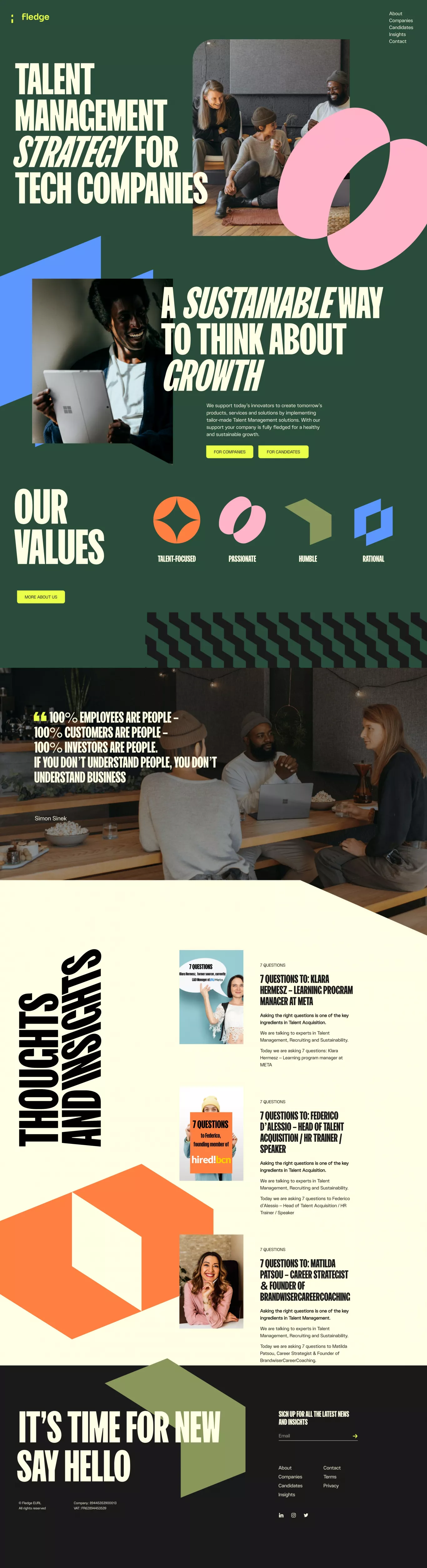 Home – Fledge portfolio page screenshot showcasing HR and Tech design