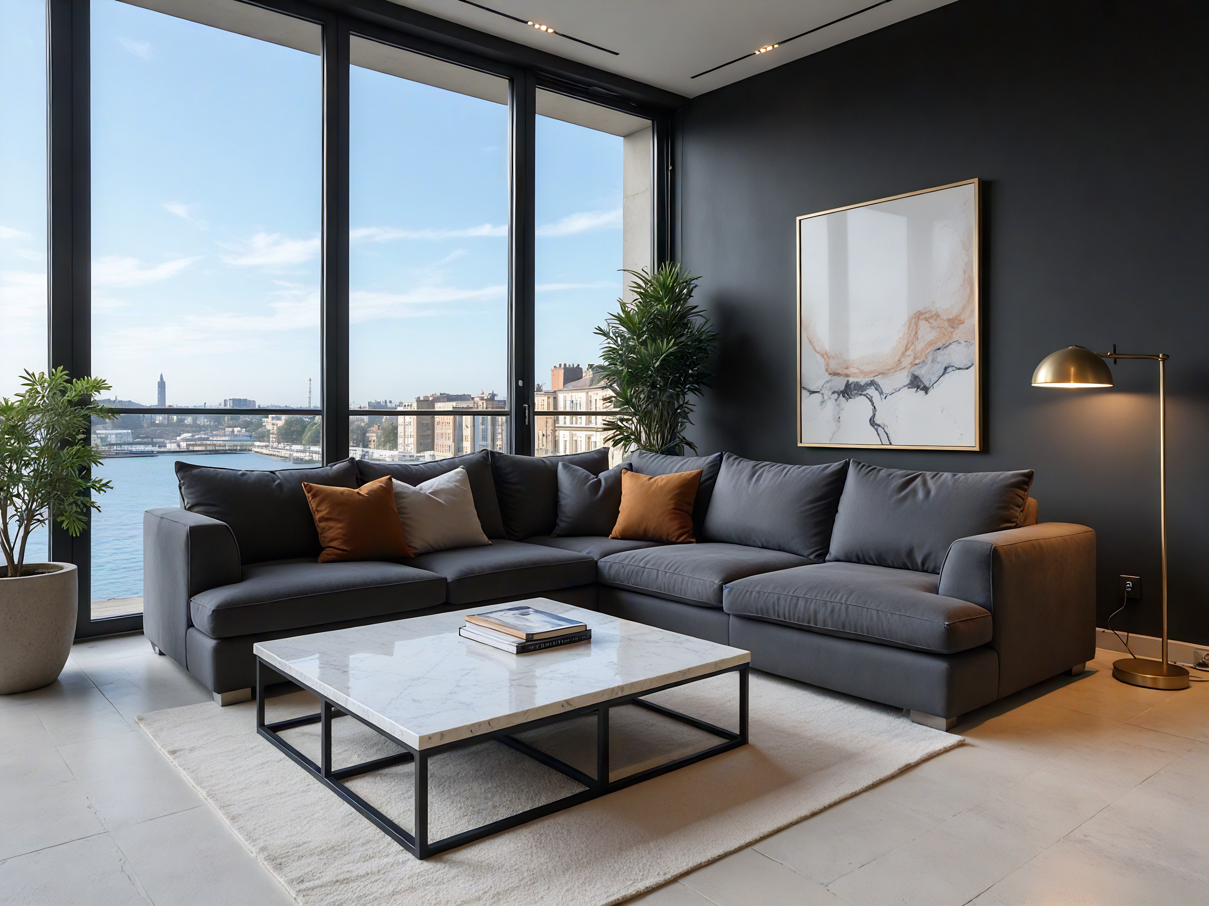 A classic and elegant bedroom with off-white walls features decorative grey raised panels and intricate ceiling moldings. In the left corner, an off-white bedside table with a curved top and three grey drawers with gold-colored handles sits, holding a large grey vase-style lamp with an off-white shade and a glass vase with small stems of tiny buds. In front of the curved, raised wall panel to the right is an off-white double-sized winged upholstered bed with light-colored bedding and beige cushions. At the foot of the bed is an ornate gold-colored and off-white upholstered bench.  A large square-shaped grey rug sits under the bed. In the far wall, between a raised panel on the left and a large, mullioned window is a white wooden door with two panels and round, gold-colored handles. To the right of the window, against the wall, is a large dark-grey vase with a healthy green plant. Sunlight streams in through the window, illuminating the room.