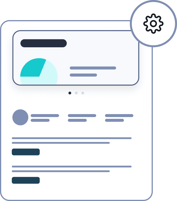 A stylized illustration of a user interface displaying analytics, featuring a large pie chart, various text elements, and an icon of a gear in the corner, symbolizing settings or customization options.