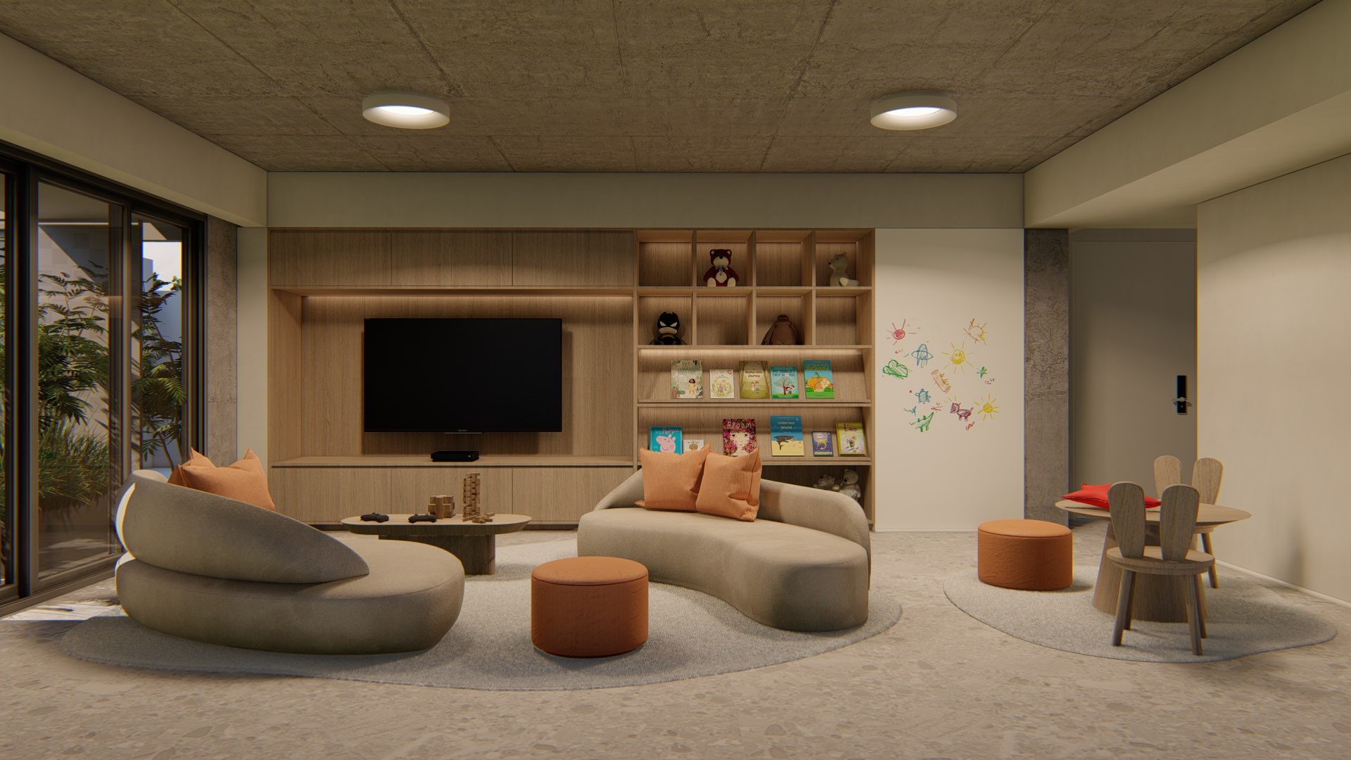 Sala de juegos infantil con biblioteca y mobiliario lúdico en edificio familiar en Núñez