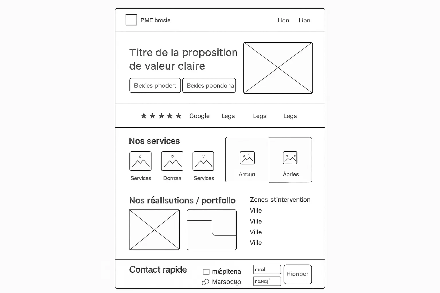 Wireframe d’une page d’accueil vitrine optimisée pour la conversion locale