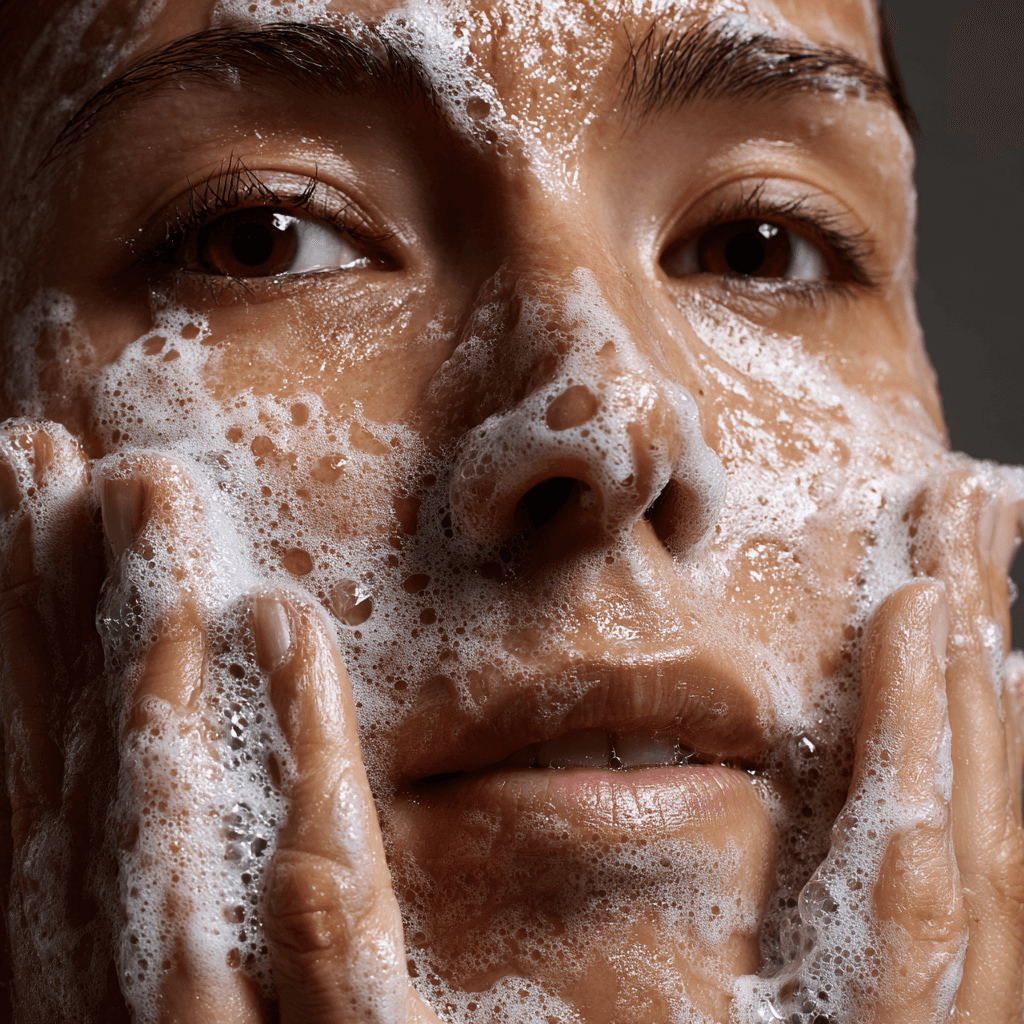 Women washing face with soap portrait