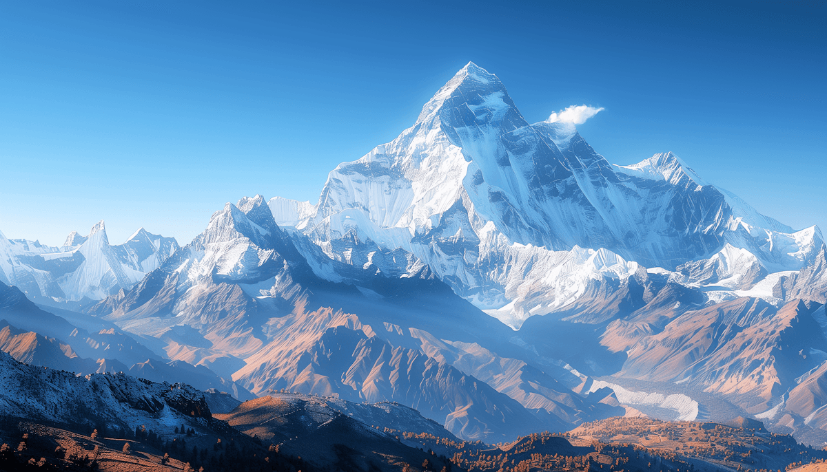 A breathtaking view of a snow-capped mountain range under a clear blue sky, with rugged peaks and sunlit valleys creating a striking contrast, ideal for adventure and nature enthusiasts.