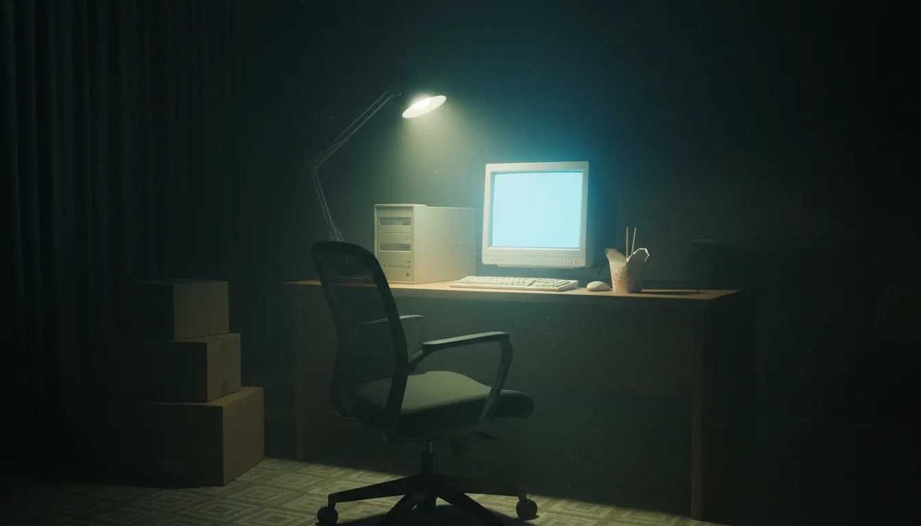 DSLR photography of a dimly lit, hazy room, capturing an indie game developer's workspace with a cinematic mood and heavy film grain. The scene is defined by high cinematic contrast, with deep shadows enveloping most of the space. A single desk lamp casts a focused, volumetric beam of greenish-yellow light onto a wooden desk, where a vintage 1990s beige desktop computer and CRT monitor sit. The monitor itself emits a powerful, blown-out bluish glow. An empty, modern black ergonomic mesh office chair is positioned in the foreground. Beside the computer rests a Chinese takeout box, and a stack of plain cardboard boxes is piled on the patterned carpet to the left.