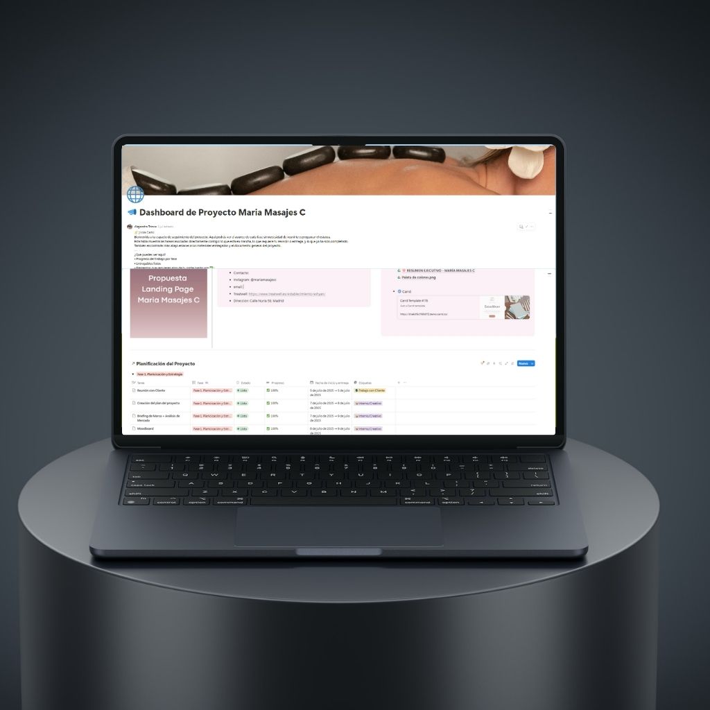 laptop mockup on a pedestal showing a notion dashboard