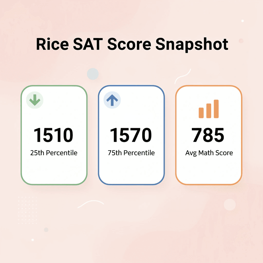 Infographic showing Rice University SAT score statistics, including the middle 50% range and average math score