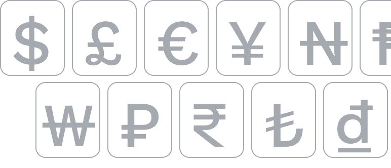 Grid of international currency symbols showing WeQuote multi-currency support including GBP, USD, EUR, and more