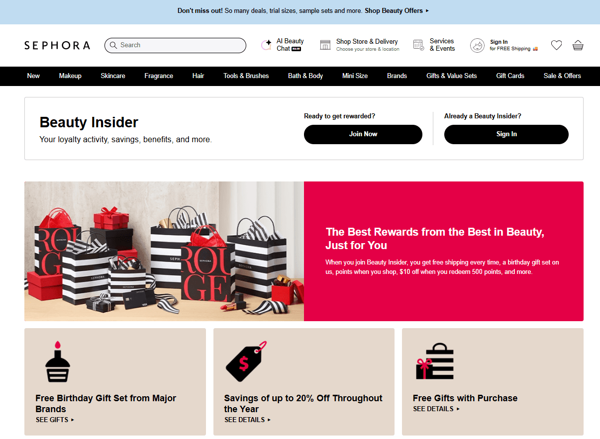 Sephora.com Beauty Insider loyalty program full page view: site navigation with shopping categories, "Beauty Insider — Your loyalty activity, savings, benefits, and more" header with Join Now and Sign In CTAs, hero banner promoting free shipping, birthday gift, points on purchases and $10 off at 500 points, plus three benefit cards — free birthday gift set from major brands, up to 20% savings throughout the year, and free gifts with purchase