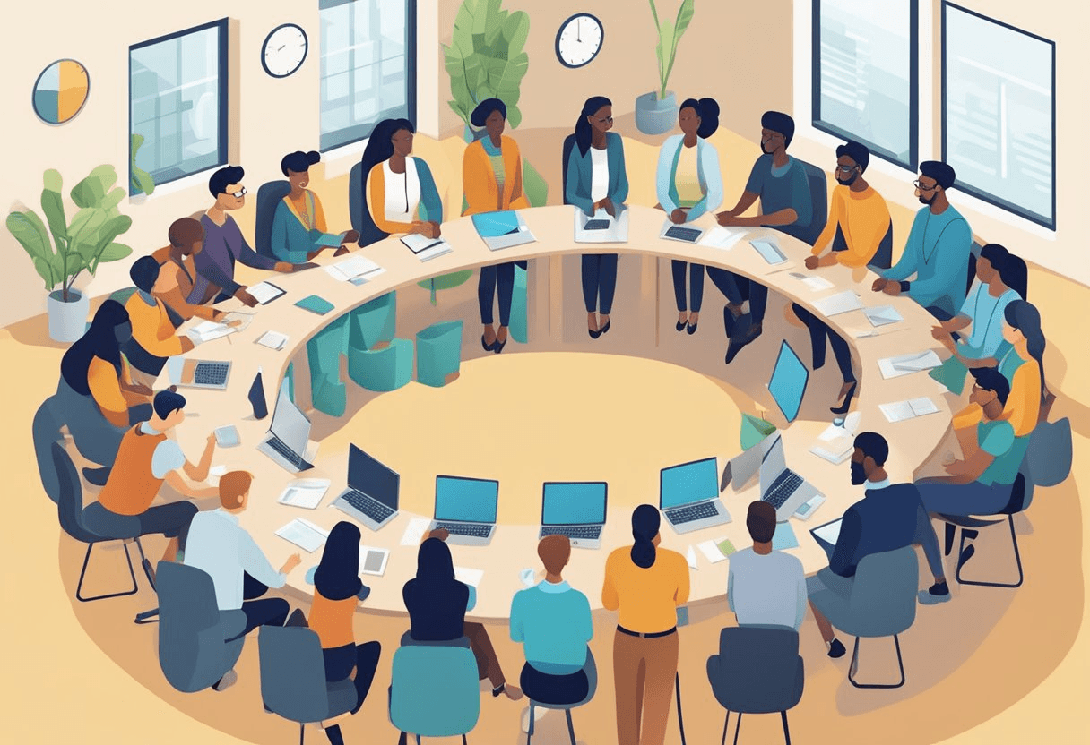 A diverse group of employees gather in a circle, sharing ideas and collaborating. The room is filled with energy and enthusiasm as they work together to promote inclusion and diversity within the company