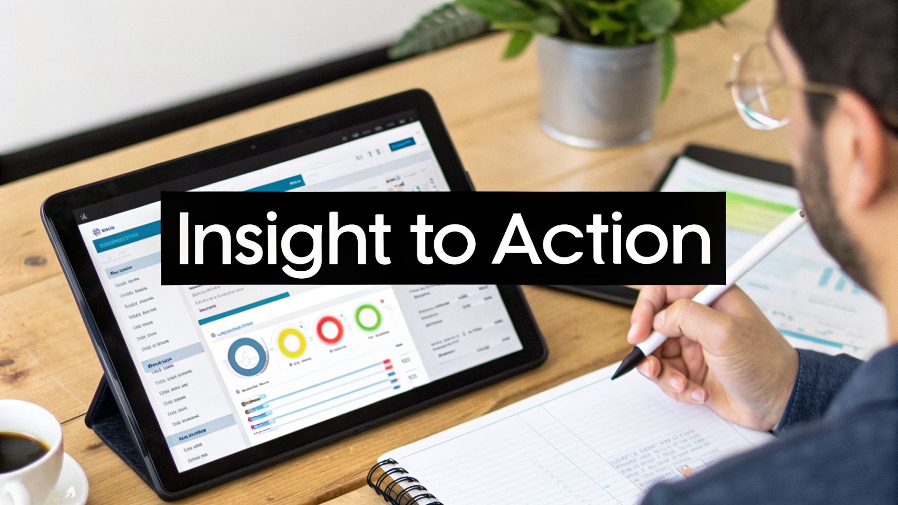 A person analyzing data dashboards on a tablet, writing in a notebook, with a coffee cup nearby.