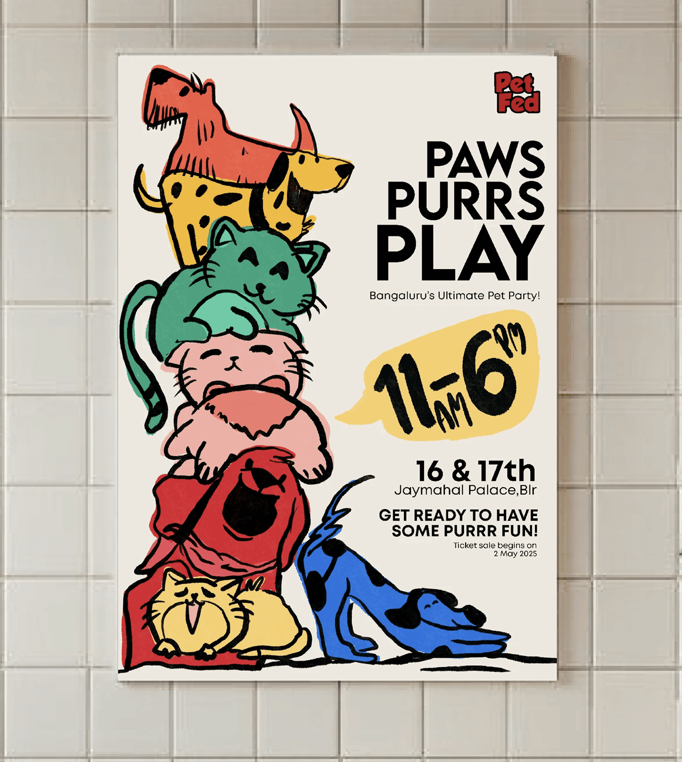 Pet Fed Bangalore event poster featuring stacked illustrated dogs and cats with playful typography and colorful mascot artwork.