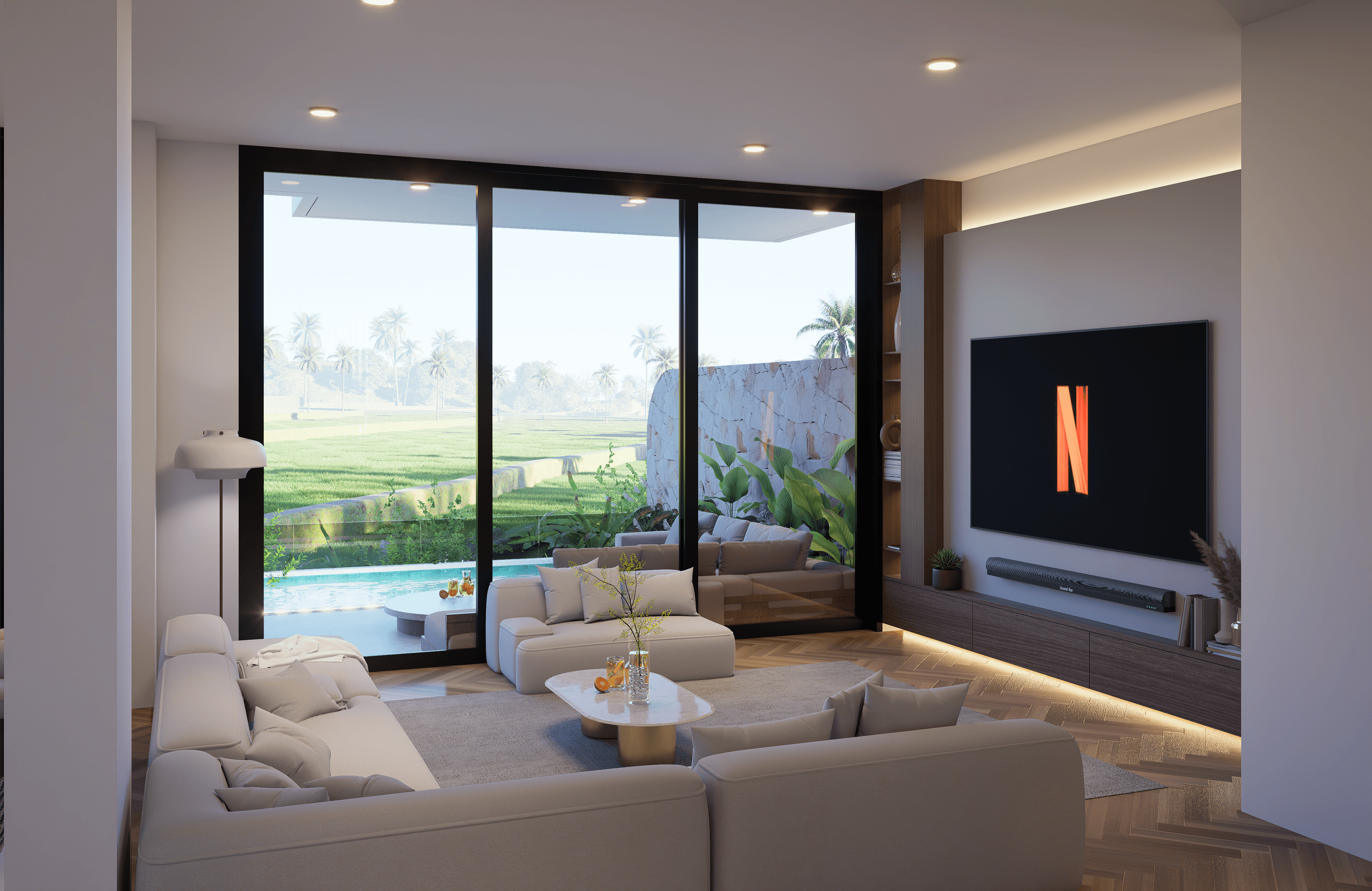 Modern glass and wood cabin with a cozy outdoor deck featuring wicker furniture, surrounded by lush green trees and a serene forest setting.