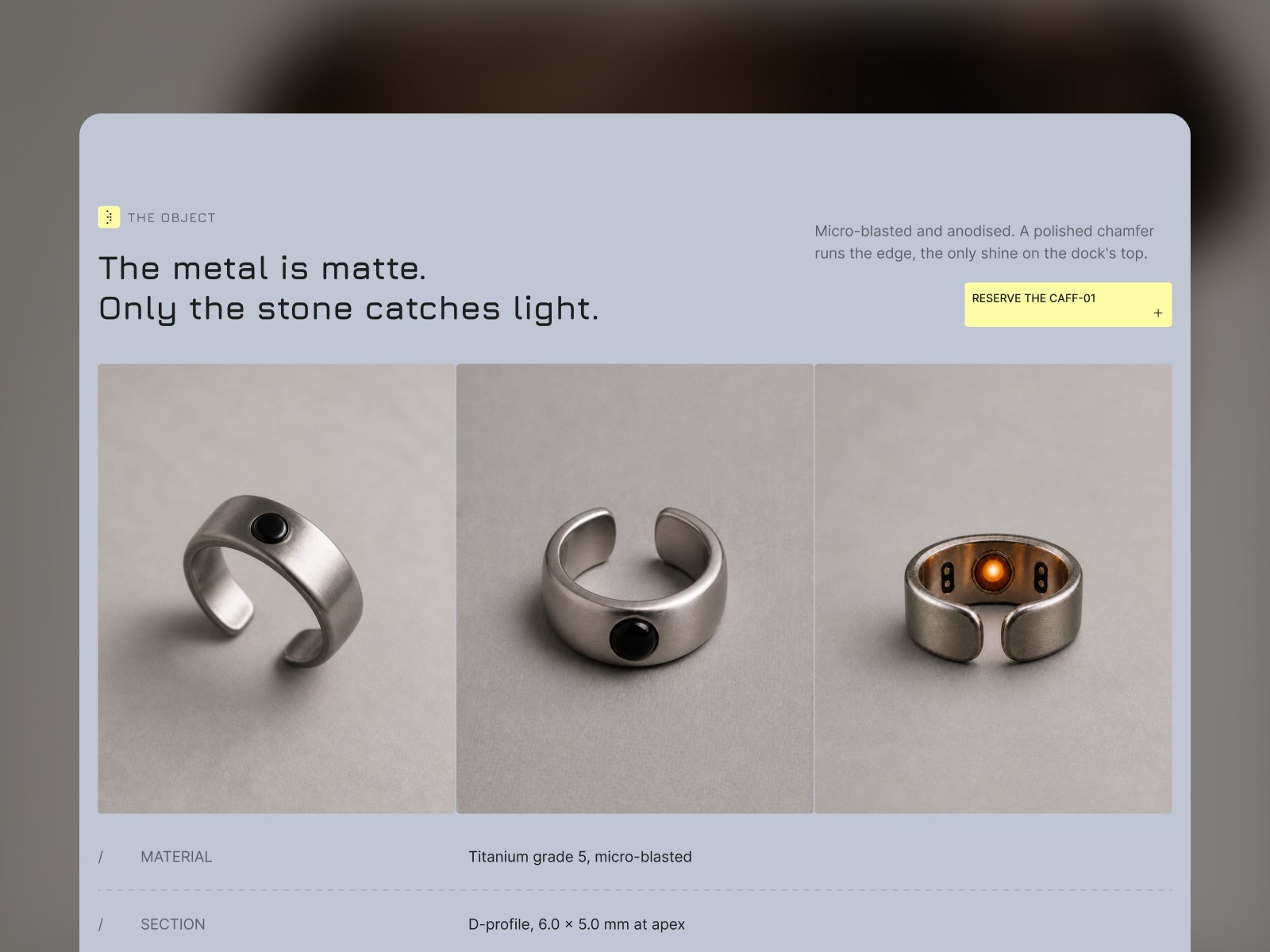 Mote demo product section with three ear-cuff views and material specifications.
