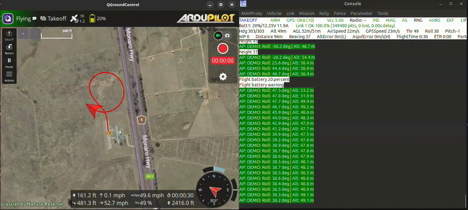 A QGroundControl flight control interface displays a UAV’s telemetry data, flight path, and mission status during an active flight test with battery warning alerts.