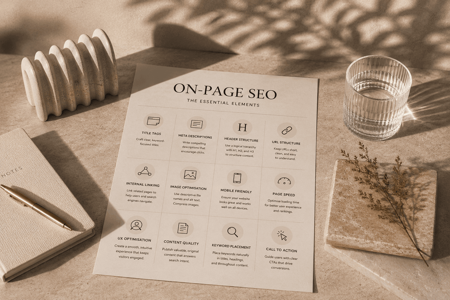 SEO planning checklist for beginners in a warm workspace
