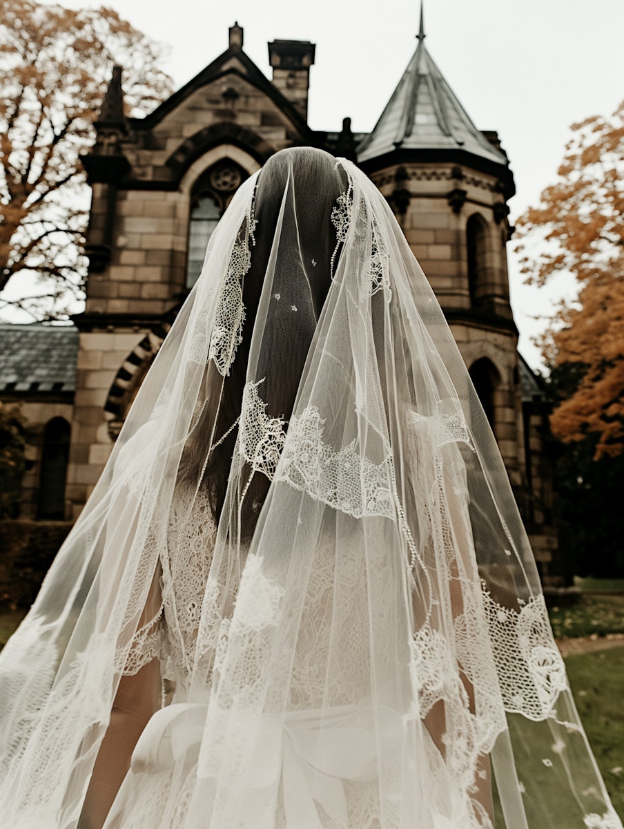 Bride in lace veil stands before a gothic stone building, surrounded by autumn leaves, creating a romantic and timeless scene.