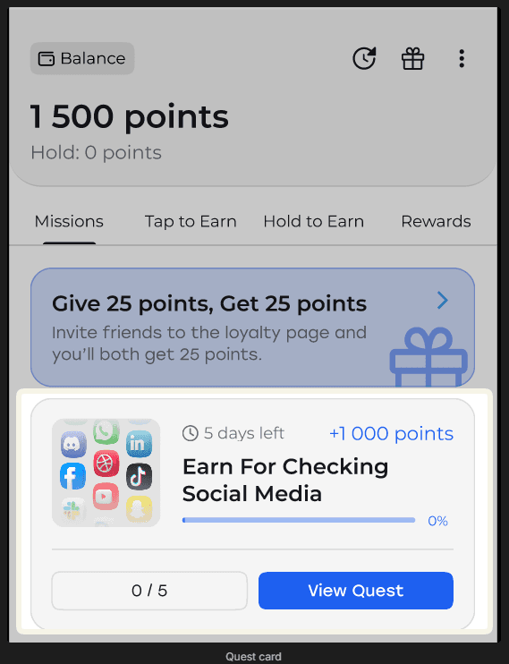 Loyalty app missions screen showing a social media follow quest worth 1,000 points