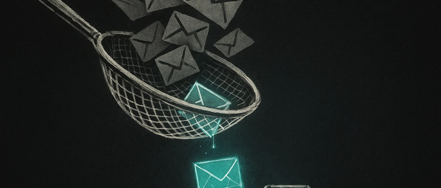 A sumi-e ink sieve filtering a pile of dim grey envelopes, with one glowing teal envelope passing cleanly through the mesh toward an inbox, illustrated in Japanese minimalist ink style with teal and blue on a black background, representing how the right cold outreach message cuts through executive inbox noise to actually get read.