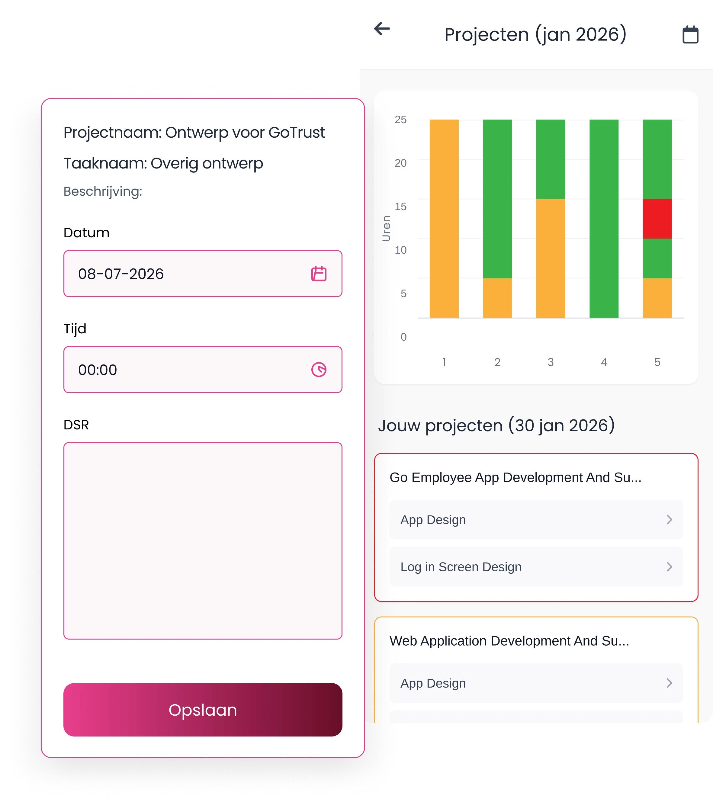 Go Eployee timesheet logging screen